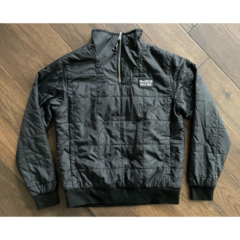 Dutch Bros Jacket Adult S‎ Black Quilted Hooded Coffee Pullover 1/4 Zip